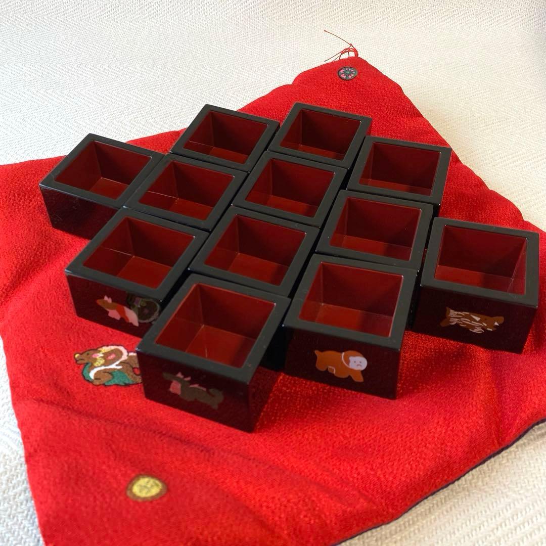 十二支升飾り 縮緬座布団 正月セット 祝い席 祝杯 酒杯 盃分 漆調 千福万来