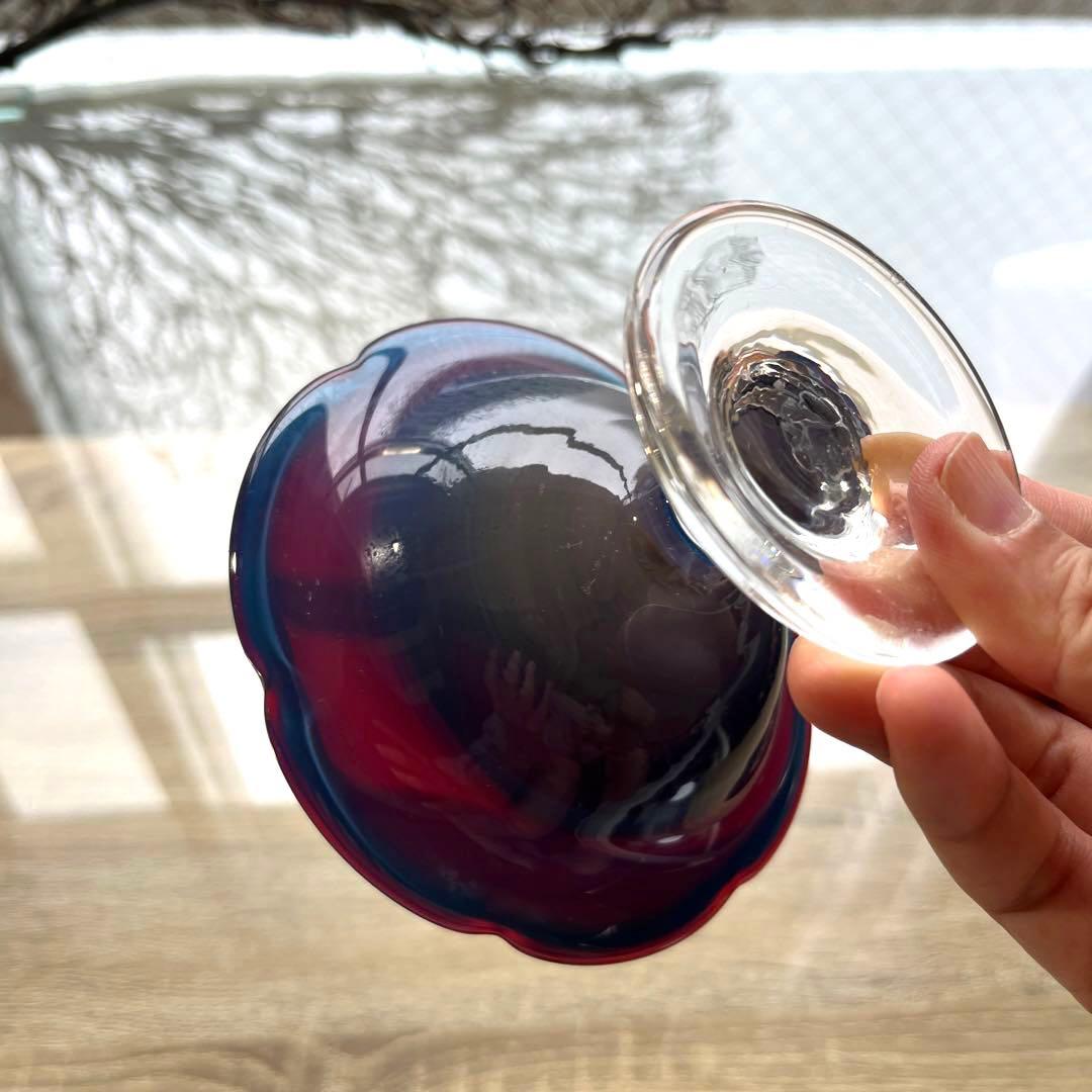 骨董　時代ガラス　練りガラス　配色　花フチ　氷コップ　デザートグラス　１客