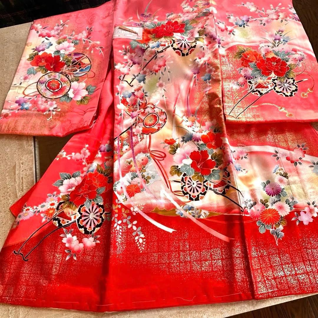 新品　正絹七五三用着物 ピンクと赤 花柄 身丈98cm お祝着物　日本製