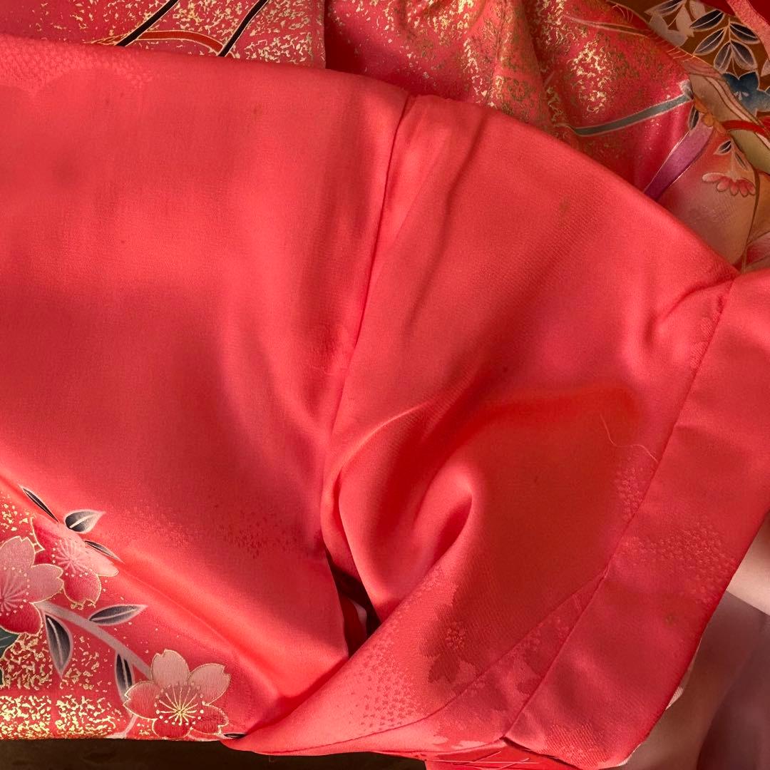 新品　正絹七五三用着物 ピンクと赤 花柄 身丈98cm お祝着物　日本製