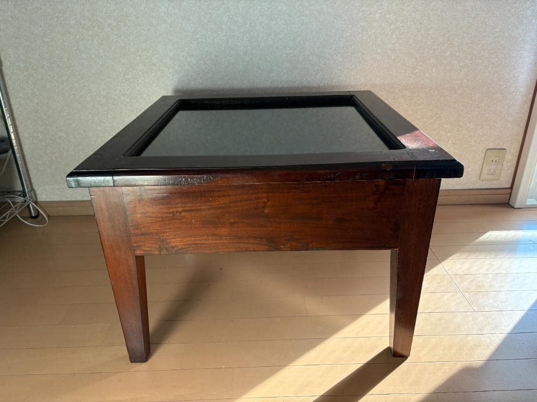 ローテーブル ダークブラウン 木製 正方形 ガラス天板 アジアンアンティーク