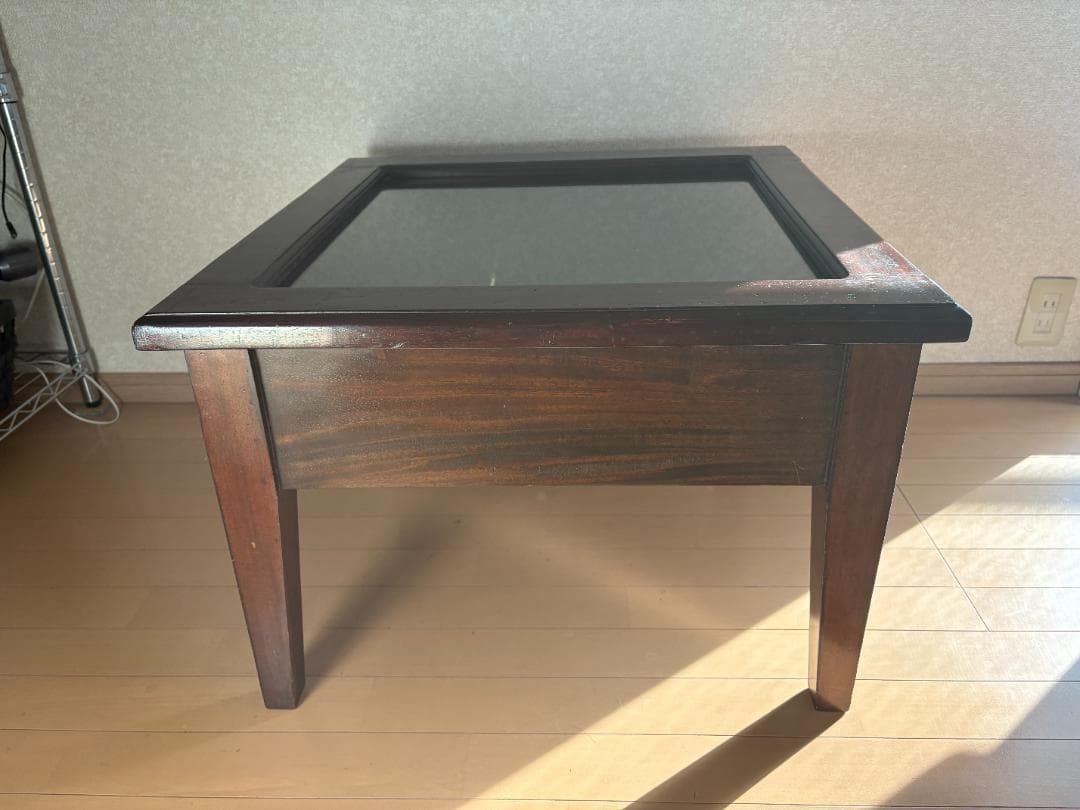 ローテーブル ダークブラウン 木製 正方形 ガラス天板 アジアンアンティーク
