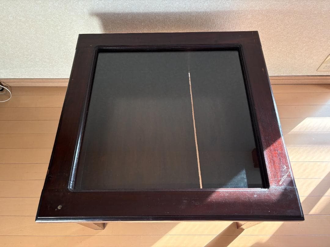 ローテーブル ダークブラウン 木製 正方形 ガラス天板 アジアンアンティーク