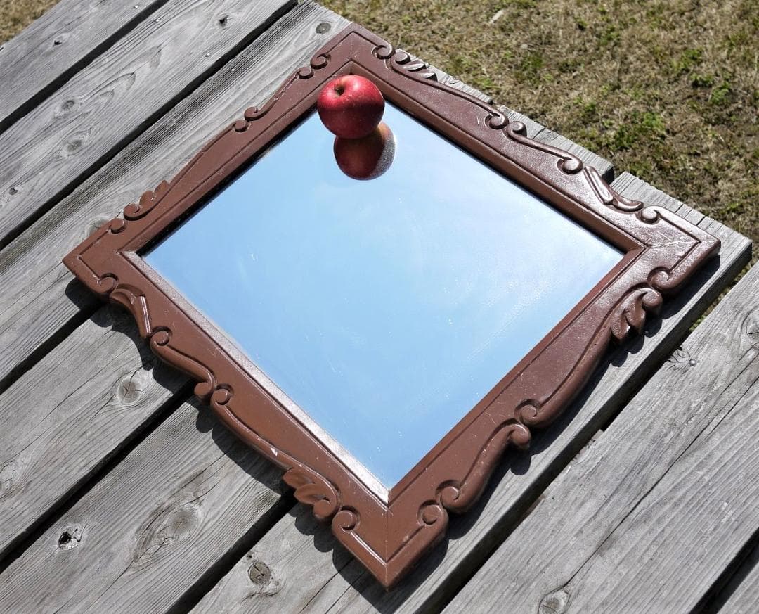 木彫り壁掛け鏡 レリーフウォールミラー 唐木ローズウッド 昭和家具