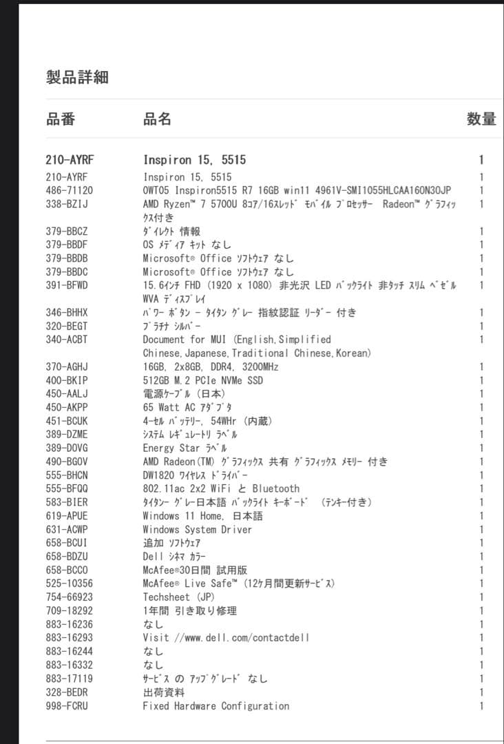 Windowsノート本体 DELL Inspiron 15, 5515