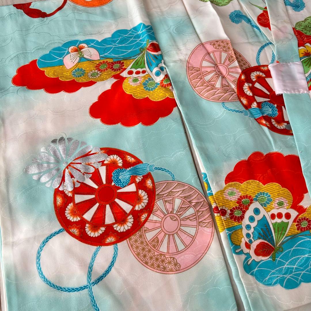 子供　セミアンティーク着物　七五三　水色　蝶々　7歳