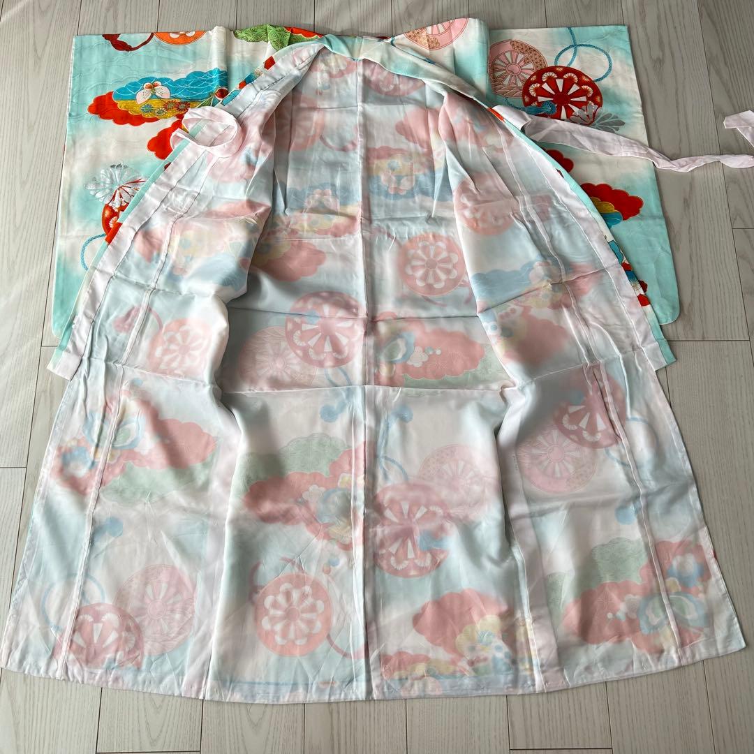 子供　セミアンティーク着物　七五三　水色　蝶々　7歳