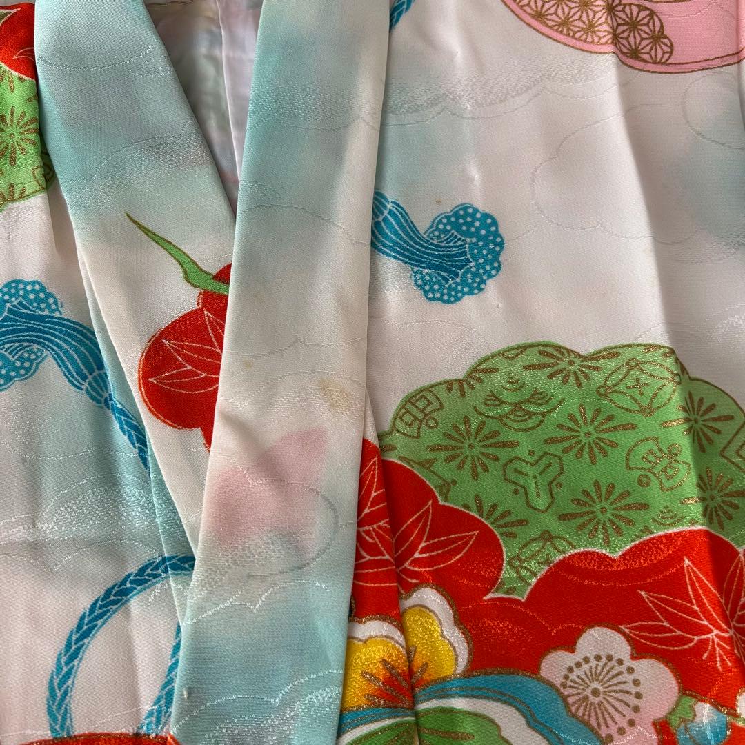 子供　セミアンティーク着物　七五三　水色　蝶々　7歳