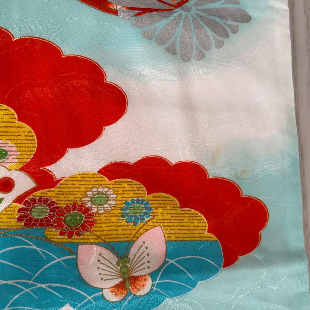 子供　セミアンティーク着物　七五三　水色　蝶々　7歳