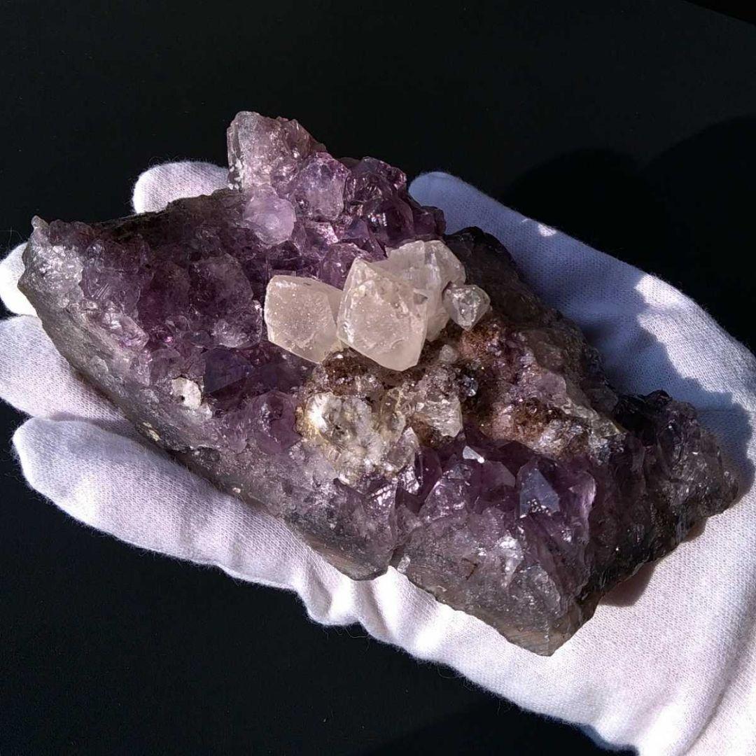 ⑥467g アメジスト カルサイト共生 フラワーアメジスト 原石 クラスター