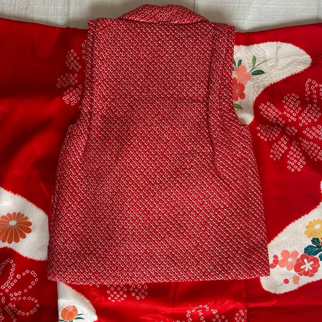 七五三 3歳 総絞り 被布 着物 絹 三歳 赤 草履 753 バッグ 花 レトロ