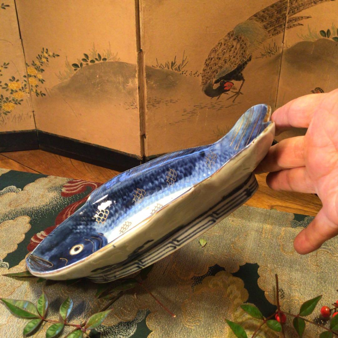 A 378 古伊万里　元禄　染付　金彩　鯛皿　変形魚型皿　1客