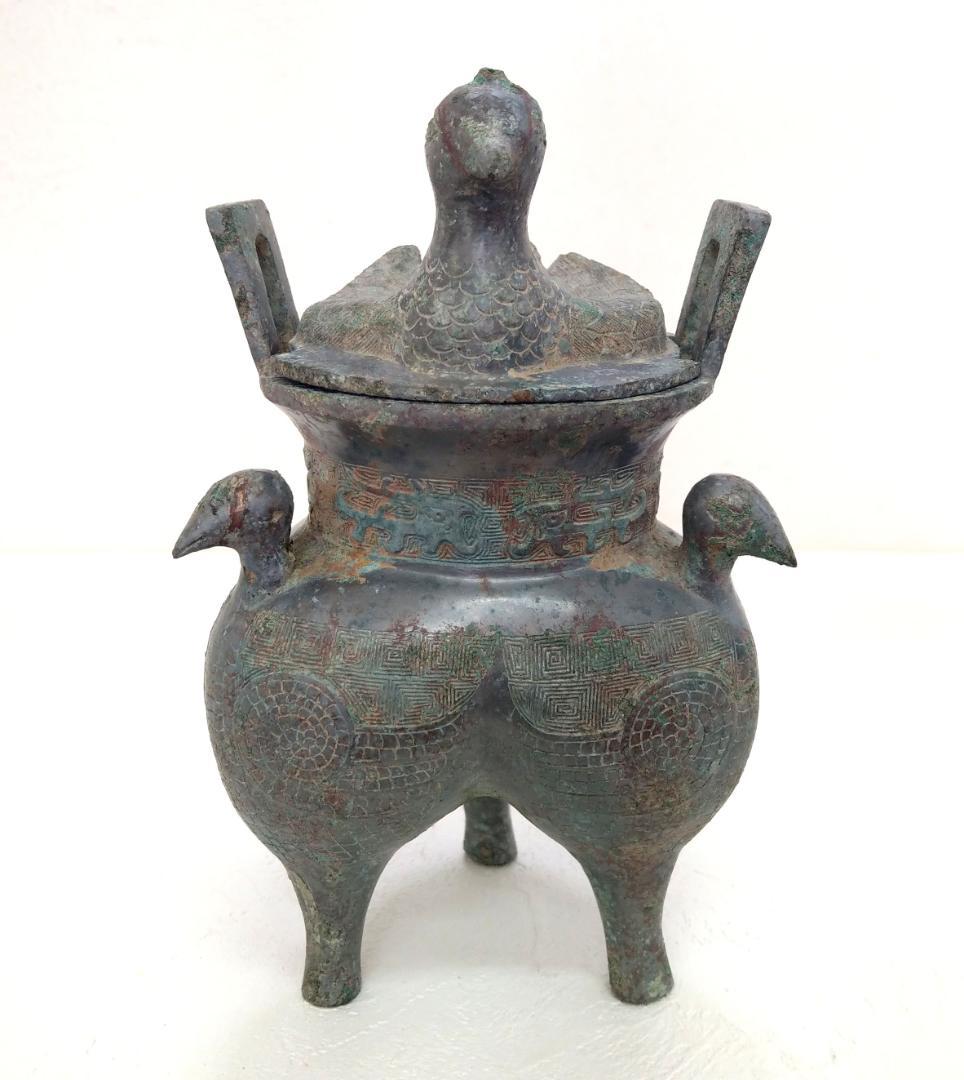 中国 西周青銅器 彫刻 三足 蓋付き 鳥装飾 酒器 高さ21.5cm