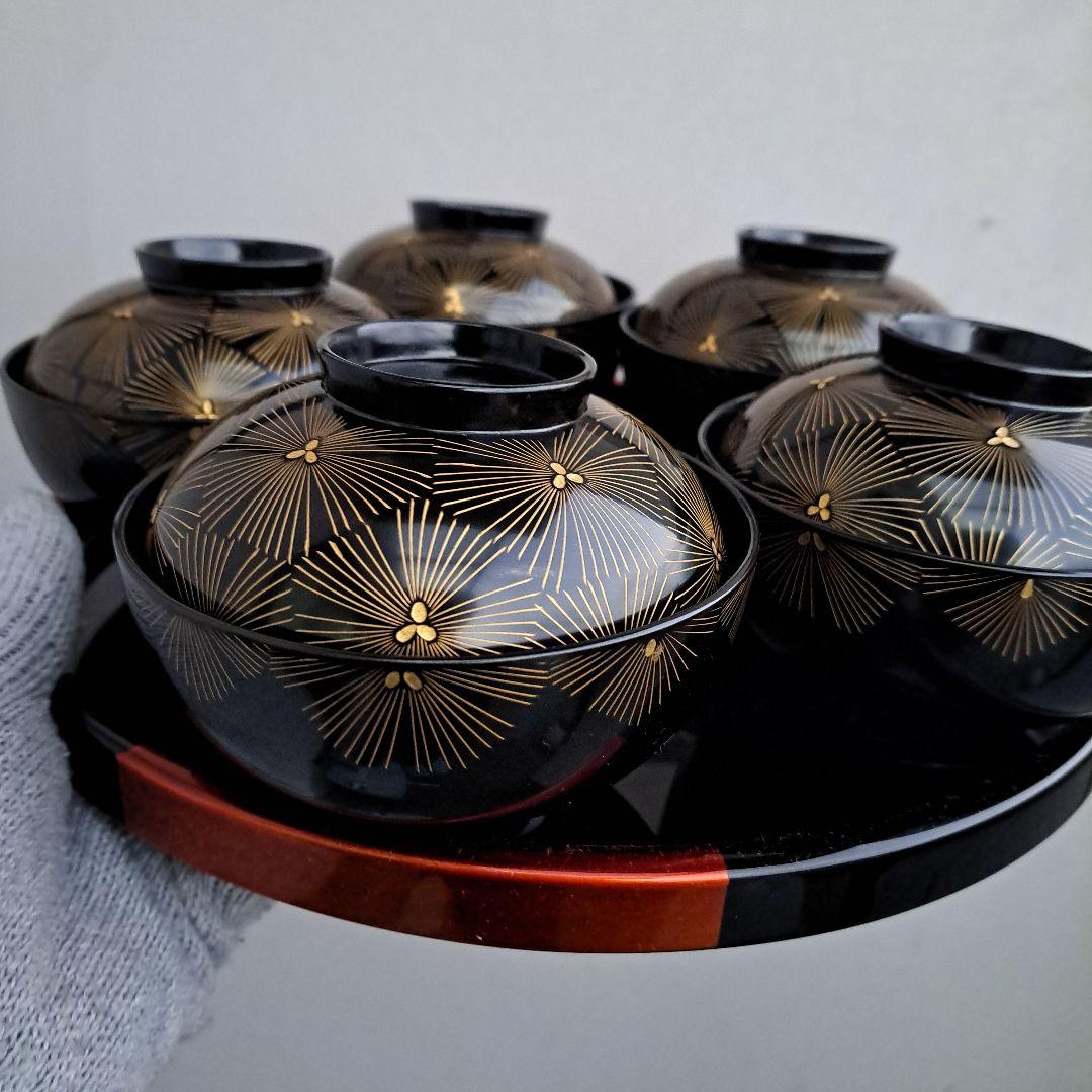 【輪島塗　御吸物椀×5客】布着本堅地　亀甲松\"沈金　長期保管品