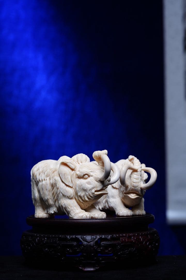 天然マンモス牙美しい手作り彫刻吉象対称置物