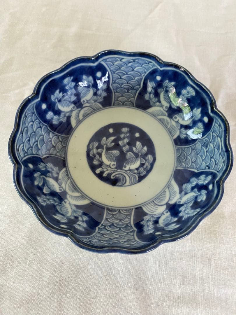染付輪花魚柄なます皿　古伊万里　骨董
