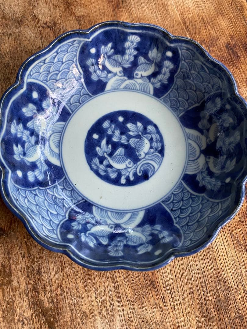 染付輪花魚柄なます皿　古伊万里　骨董