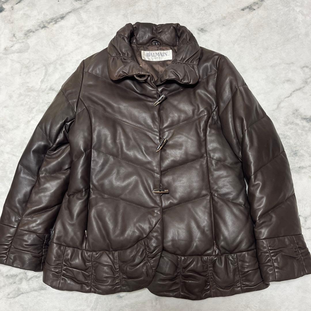 BALMAIN バルマン　ブラウン　羊革　レザー　ダウンジャケット　11号