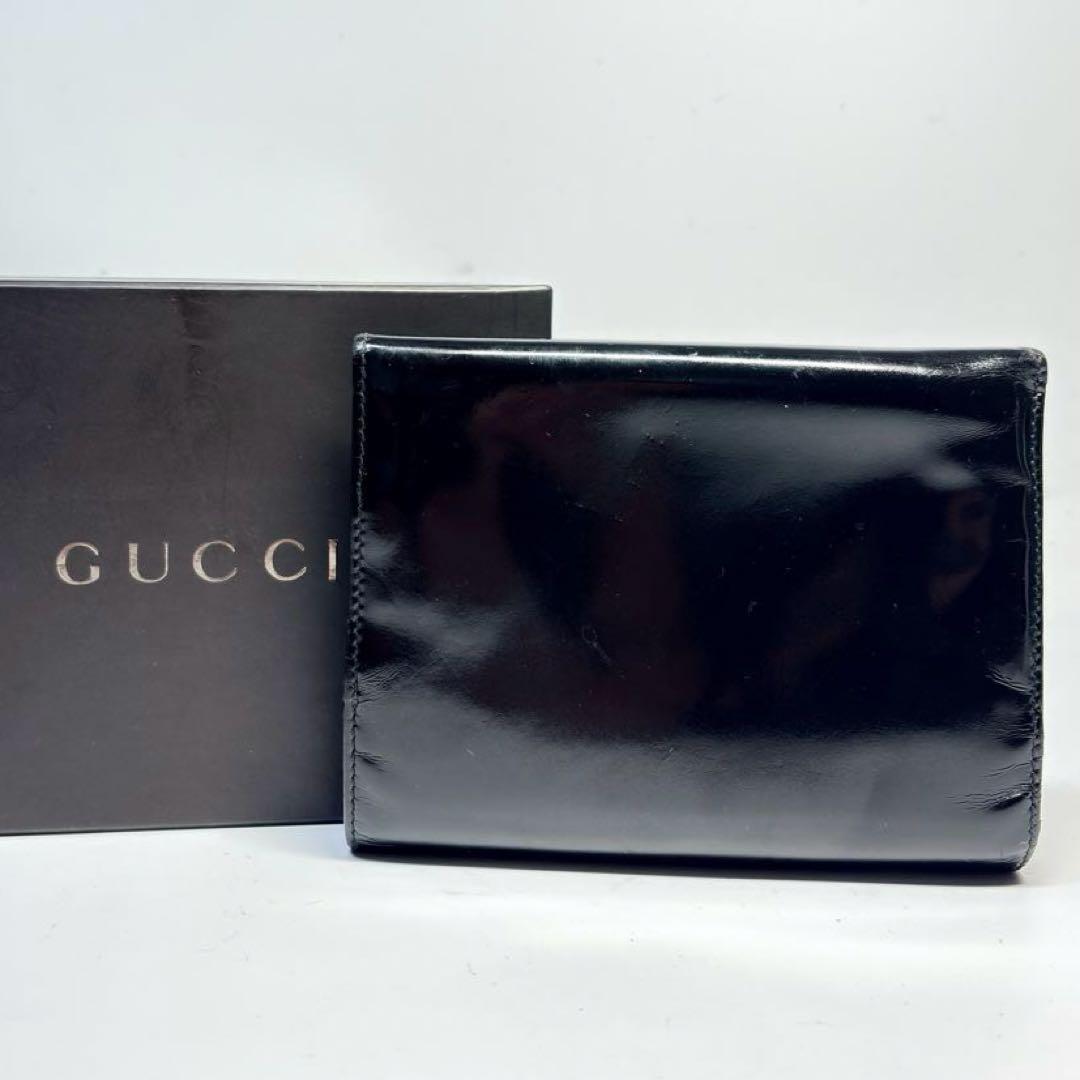 極美品　GUCCI グッチ　がま口エナメルパテントレザー三つ折り財布ブラック黒