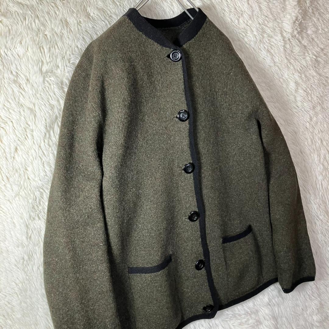 美品 90s チロリアンジャケット ノーカラー ツイード グリーン 緑