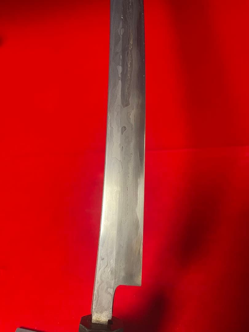 No.01352 包丁　マグロ包丁　先丸型　玉鋼製　燃え盛刃文　墨流　未使用品