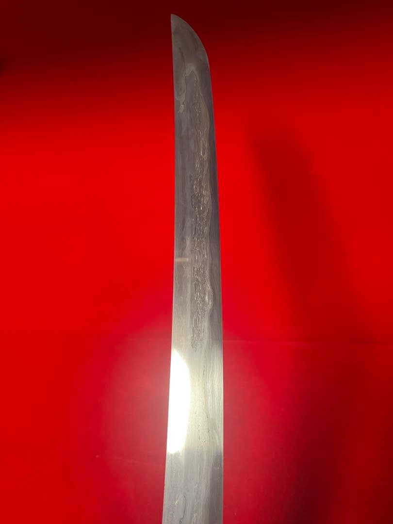 No.01352 包丁　マグロ包丁　先丸型　玉鋼製　燃え盛刃文　墨流　未使用品