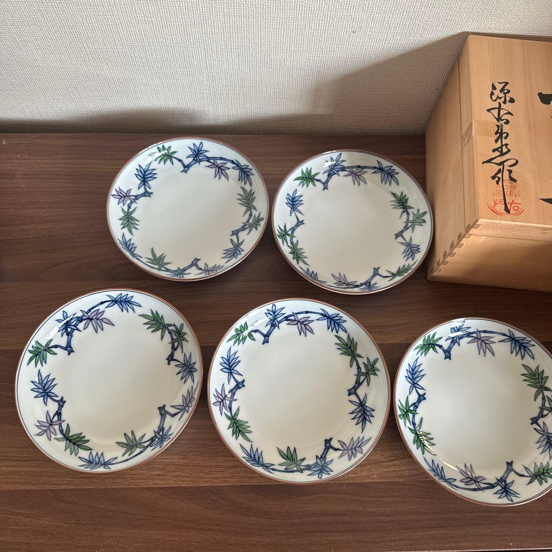源右衛門　染錦笹絵　銘々皿五枚揃