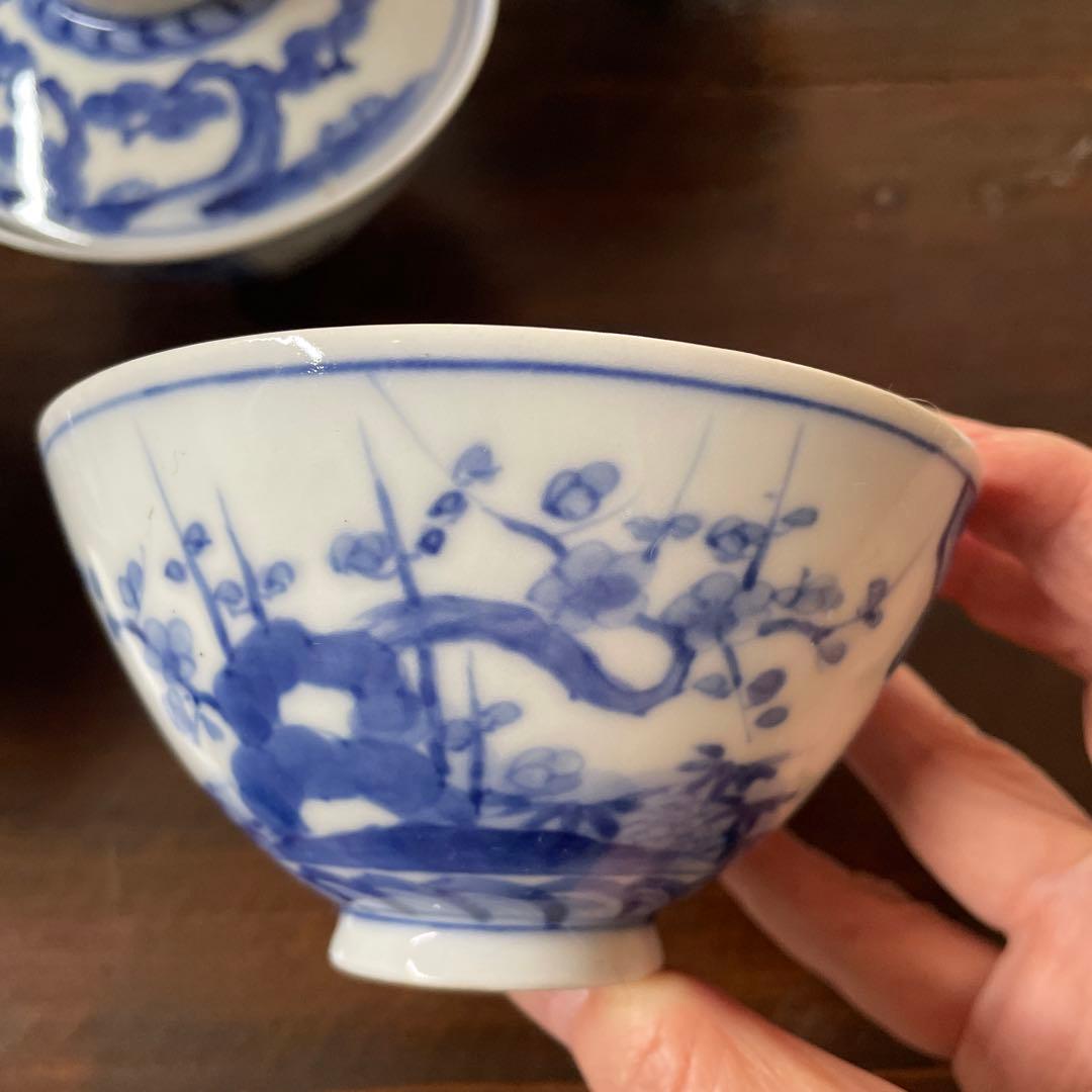古い手描き　呉須の蓋付き茶碗　五良大甫? 五良太夫? 五脚　骨董品　アンティーク