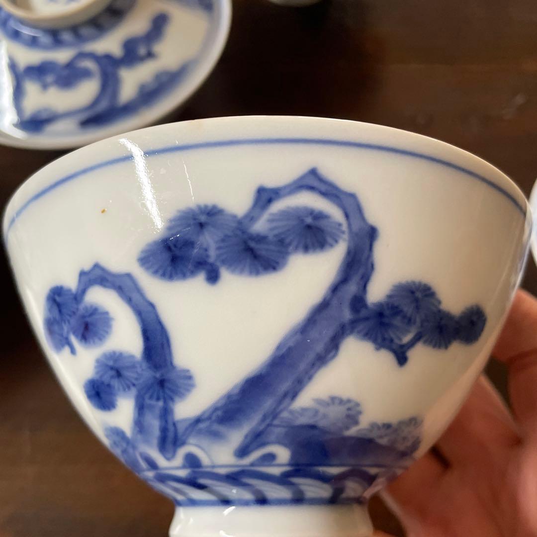 古い手描き　呉須の蓋付き茶碗　五良大甫? 五良太夫? 五脚　骨董品　アンティーク