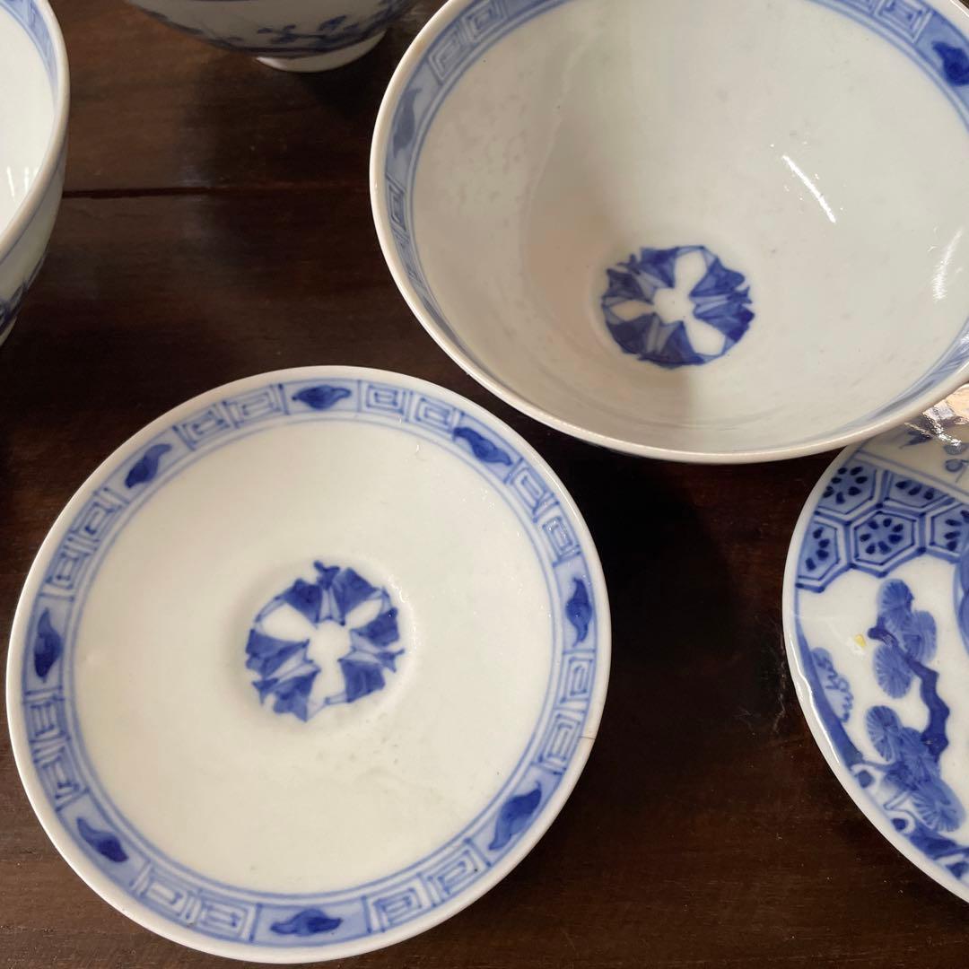 古い手描き　呉須の蓋付き茶碗　五良大甫? 五良太夫? 五脚　骨董品　アンティーク