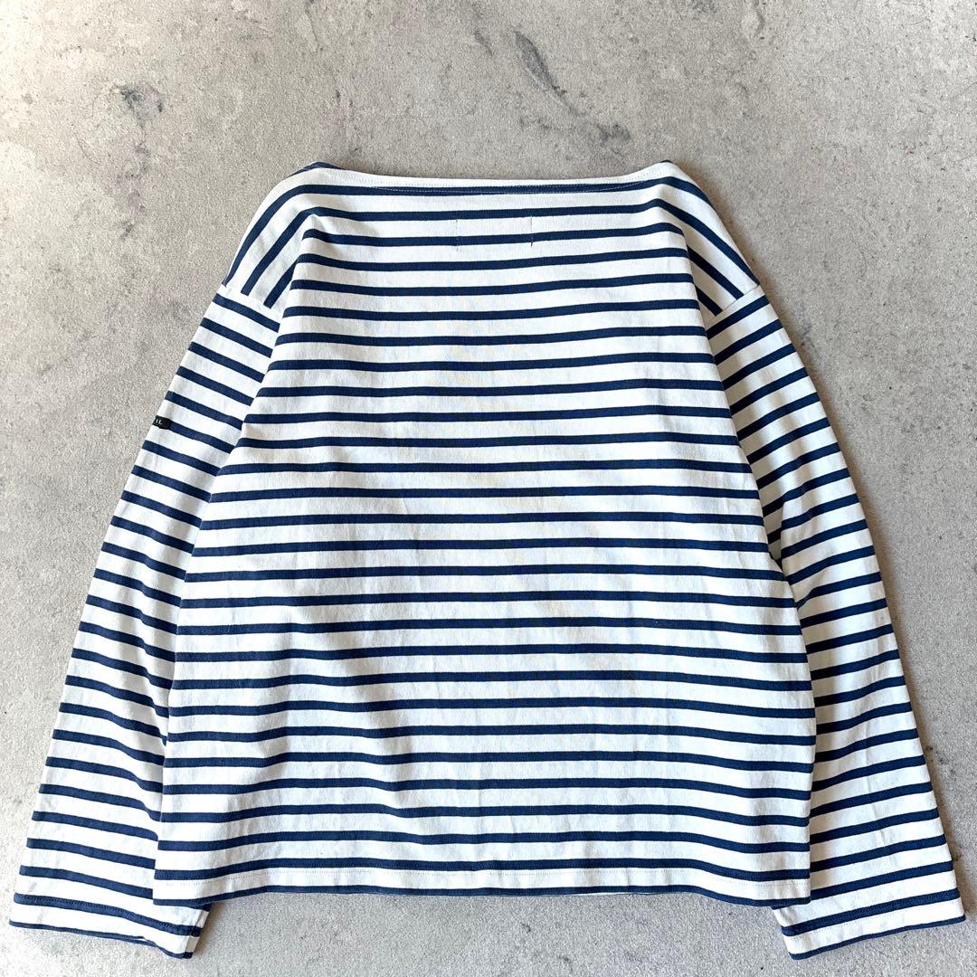 OUTIL ウティ フランス製しっかり硬め生地 長袖ボーダー バスクシャツ白青_