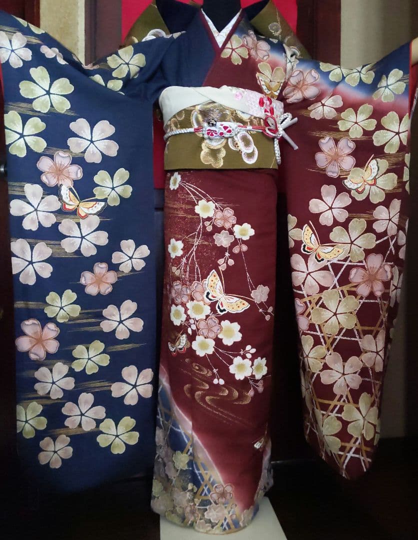 351華やぎ【最終価格】【桜蝶　紺色×ワイン色】【振袖6点フルセット】卒業謝恩会