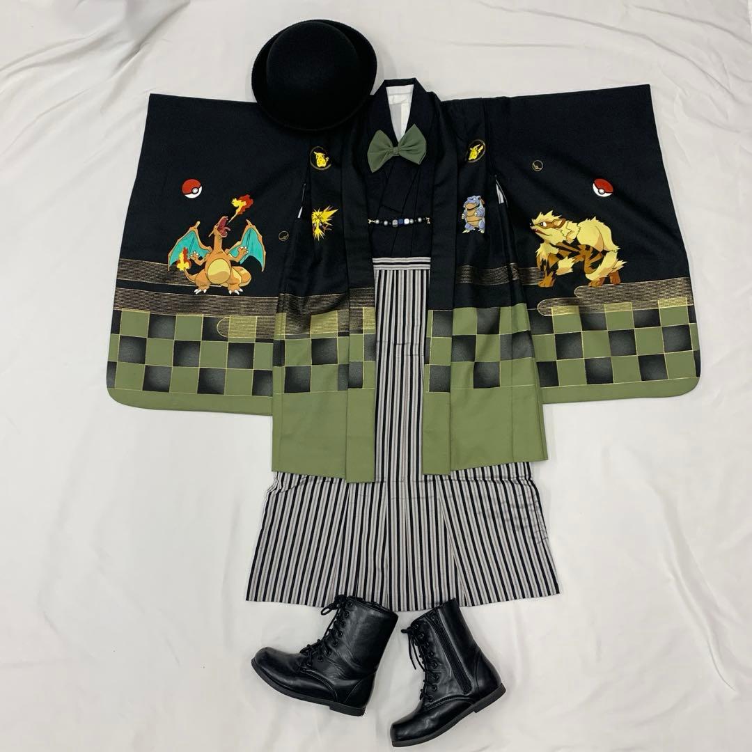 602abu21■七五三 五歳 着物&羽織 ポケモン 黒 無印 初期 市松■美品