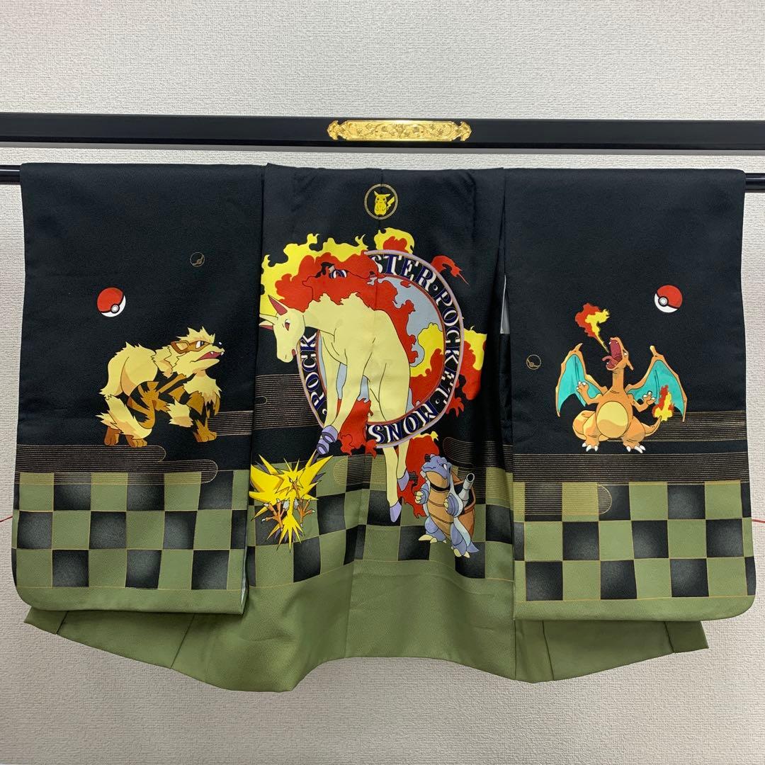 602abu21■七五三 五歳 着物&羽織 ポケモン 黒 無印 初期 市松■美品