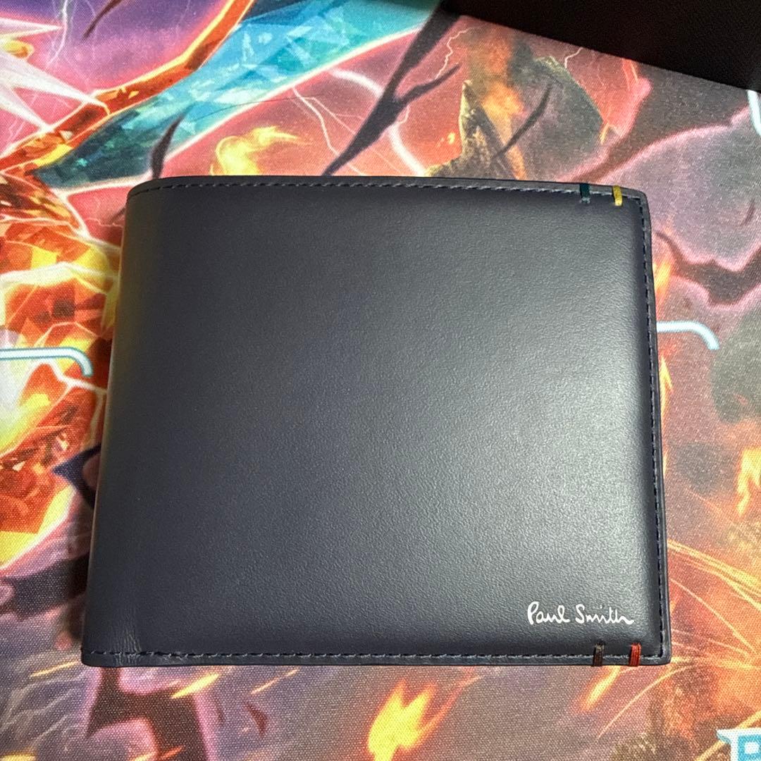 PaulSmith 二つ折り財布　ネイビー　牛革　ハイライトステッチ