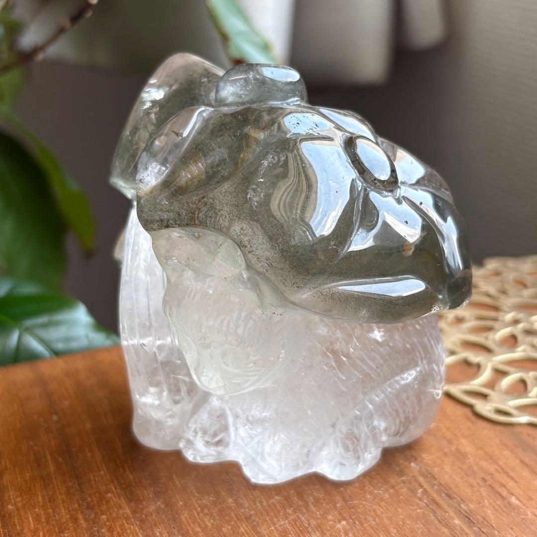 天然石 ブラジル産 グリーンガーデンクォーツ猫＆＆花＆きのこの置物459g