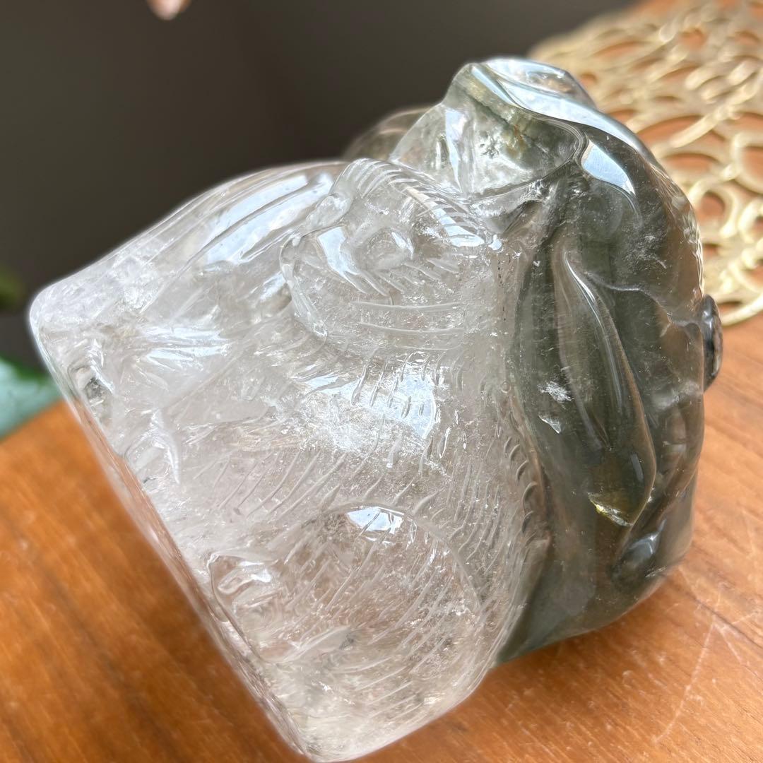 天然石 ブラジル産 グリーンガーデンクォーツ猫＆＆花＆きのこの置物459g