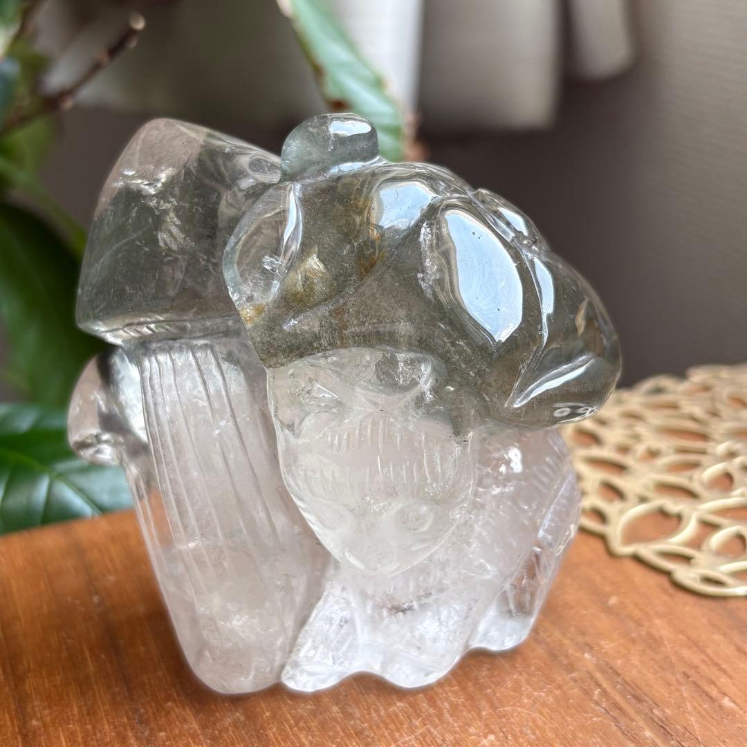 天然石 ブラジル産 グリーンガーデンクォーツ猫＆＆花＆きのこの置物459g