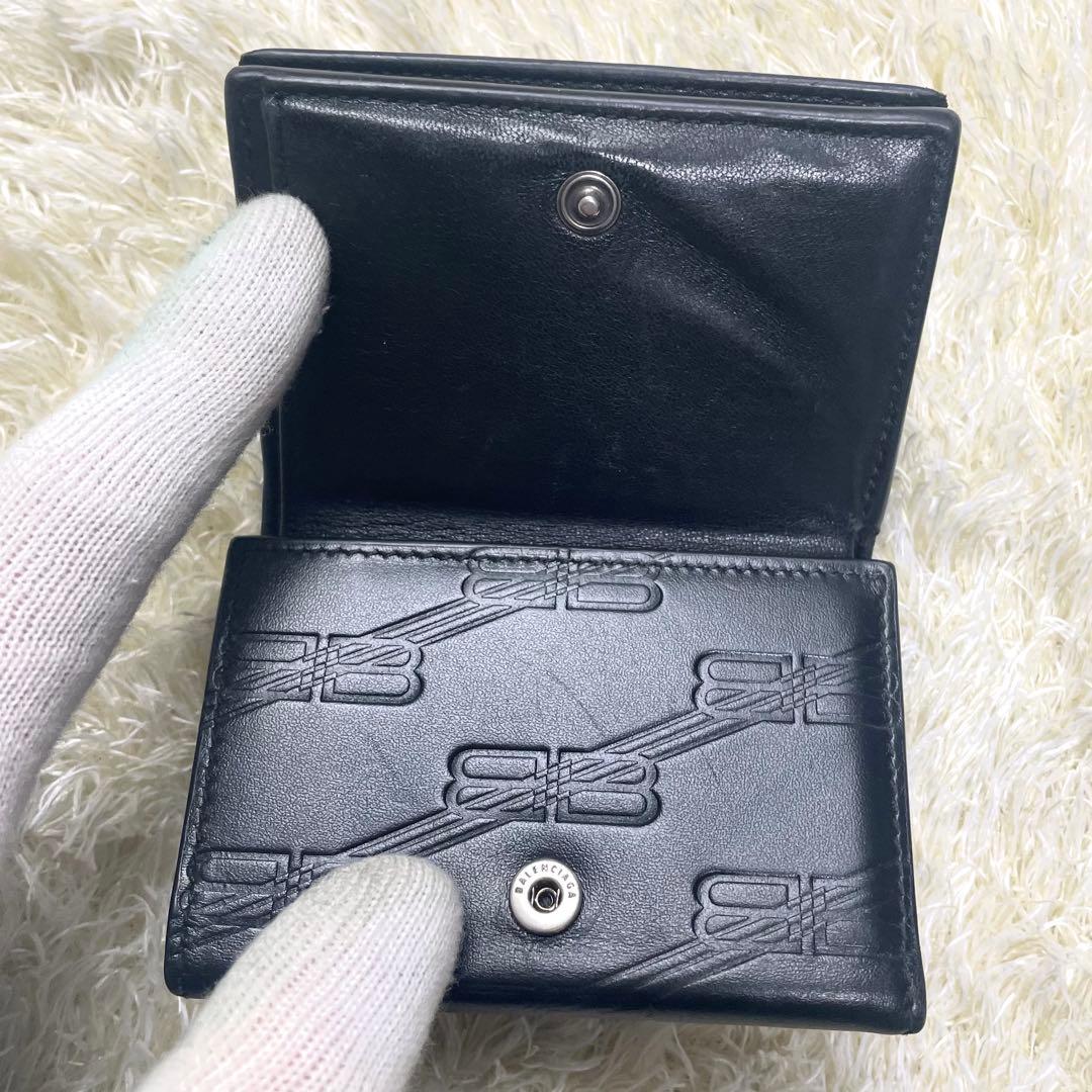 美品 保存袋付き バレンシアガ 三つ折り財布 コンパクト ロゴ型押し ブラック