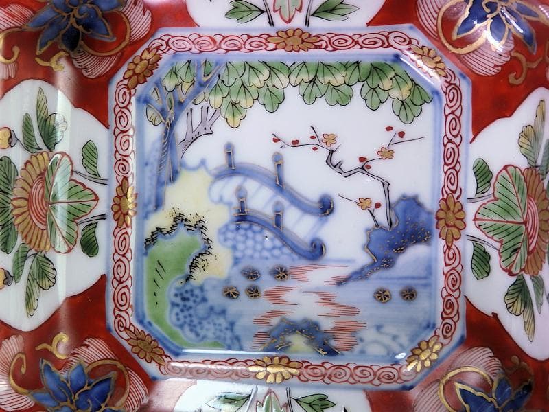 大聖寺伊万里　金襴手　窓絵　牡丹に菊　四方角向付　５客　N1643A-CLv