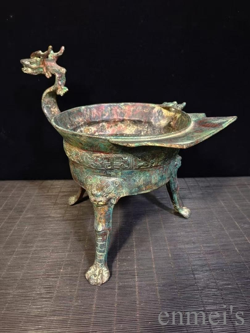 中国古美術 漢代 青銅器3点セット 龍首柄 鎖斗 酒器 三足設計 温酒器 禮器