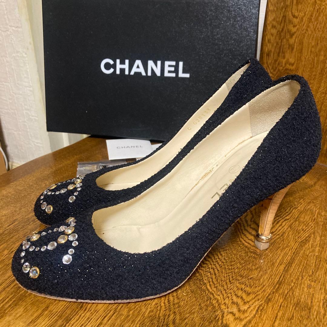 CHANEL パンプス ★ココマーク ラインストーン、ツィード、38.5サイズ