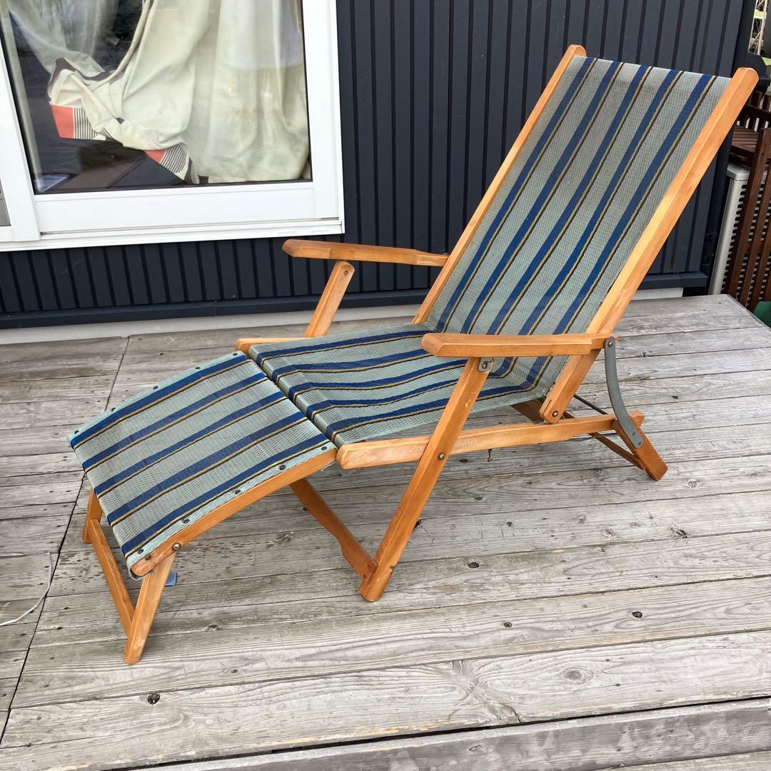 昭和レトロ 木製フレーム リクライニングチェア アウトドアチェア 折りたたみ式