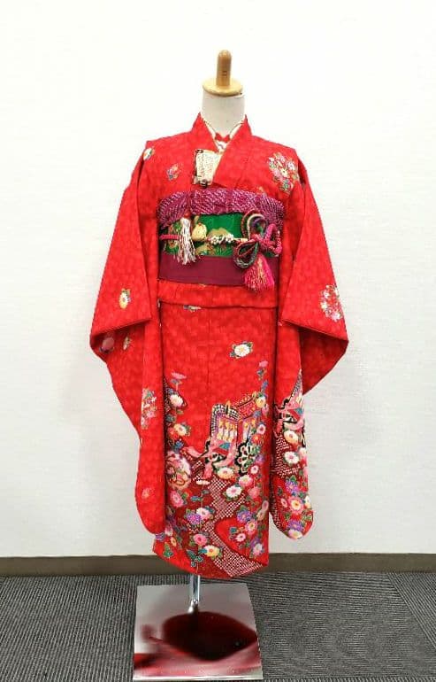 七五三　7歳　120cm　ポリエステル　赤　つくり帯