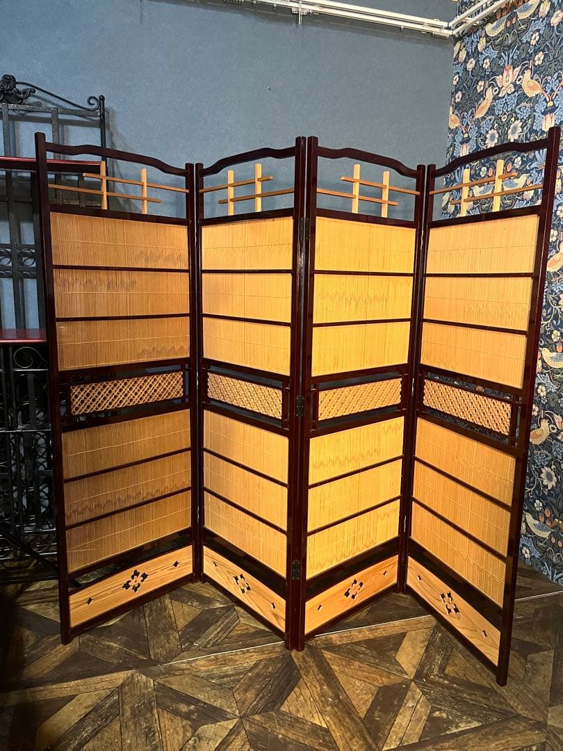竹細工 衝立 4連 パーテーション 和風 モダン 間仕切り 昭和レトロ 古家具