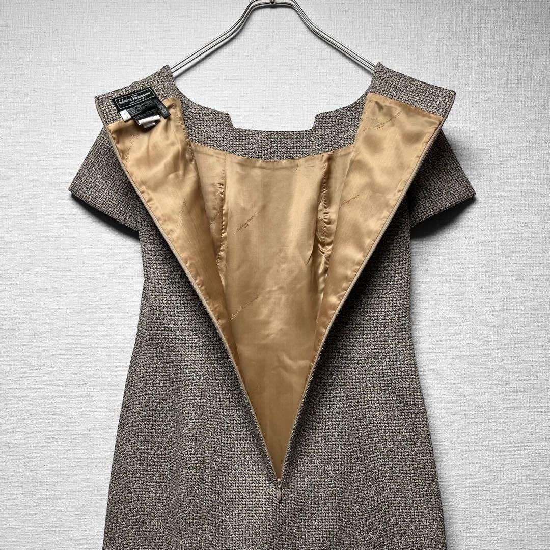 【美品】サルヴァトーレフェラガモ ツイード ドレスワンピース タック 半袖 42
