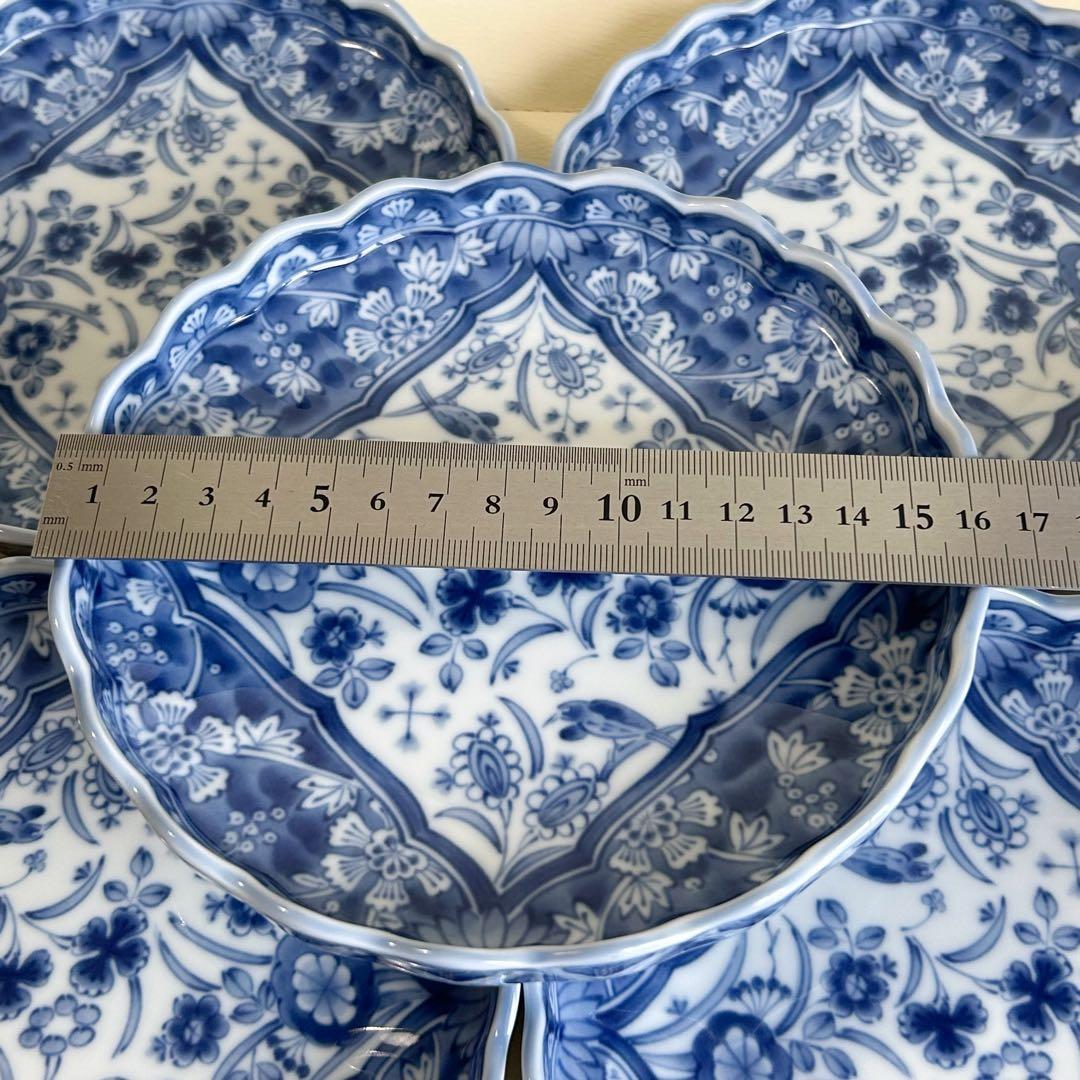 三洋陶器　龍峰窯　染付更紗　中皿揃　5枚セット　輪花皿　花鳥　和皿　取皿　銘々皿