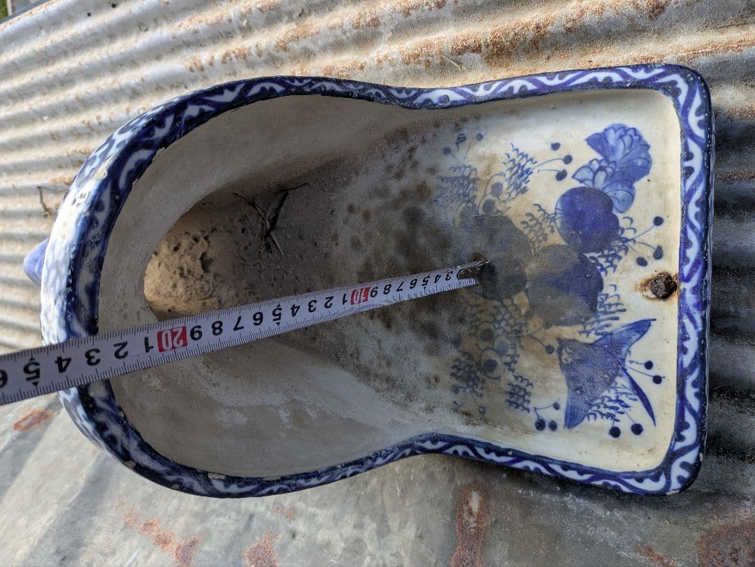 【交渉中】古便器　小便器　セット　青と白の花柄　古道具　アンティーク　伊万里焼