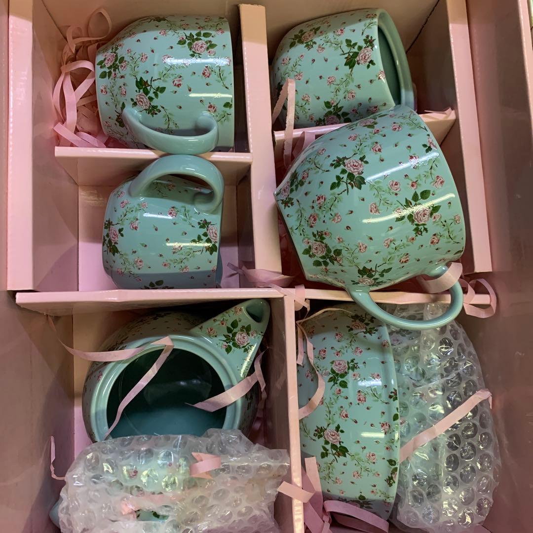 ピンクハウス　ヴィンテージ食器セット　未使用　ミントグリーンの薔薇柄ティーセット