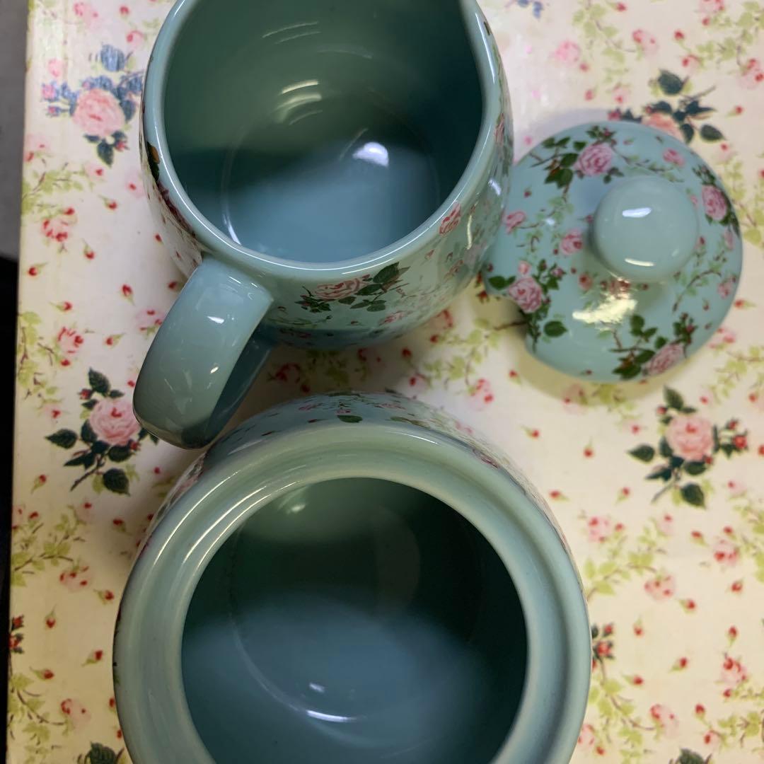 ピンクハウス　ヴィンテージ食器セット　未使用　ミントグリーンの薔薇柄ティーセット